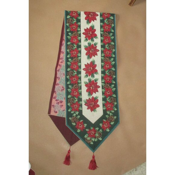 Tapestry Poinsettia Christmas Table Runner With Red Tassels 35" X 13" Festive Fl - Picture 6 of 6